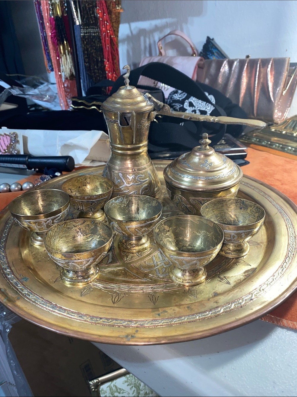 Vintage Arabic Islamic Persian Silver Copper Bronze Coffee Set Calligraph